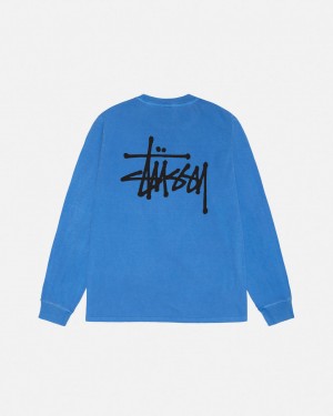 Camiseta Stussy Basic Stussy LS Tee Pigment Dyed Hombre Azules Chile | CWJ-6331