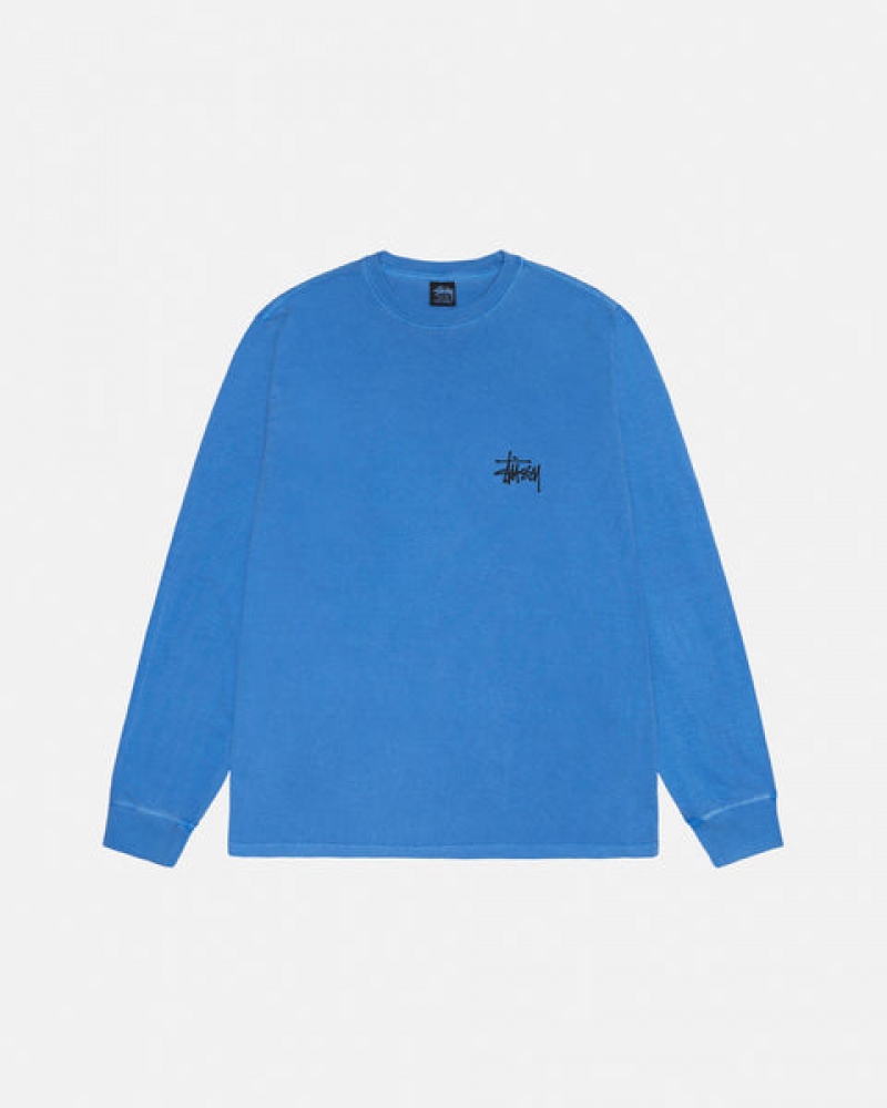 Camiseta Stussy Basic Stussy LS Tee Pigment Dyed Hombre Azules Chile | CWJ-6331